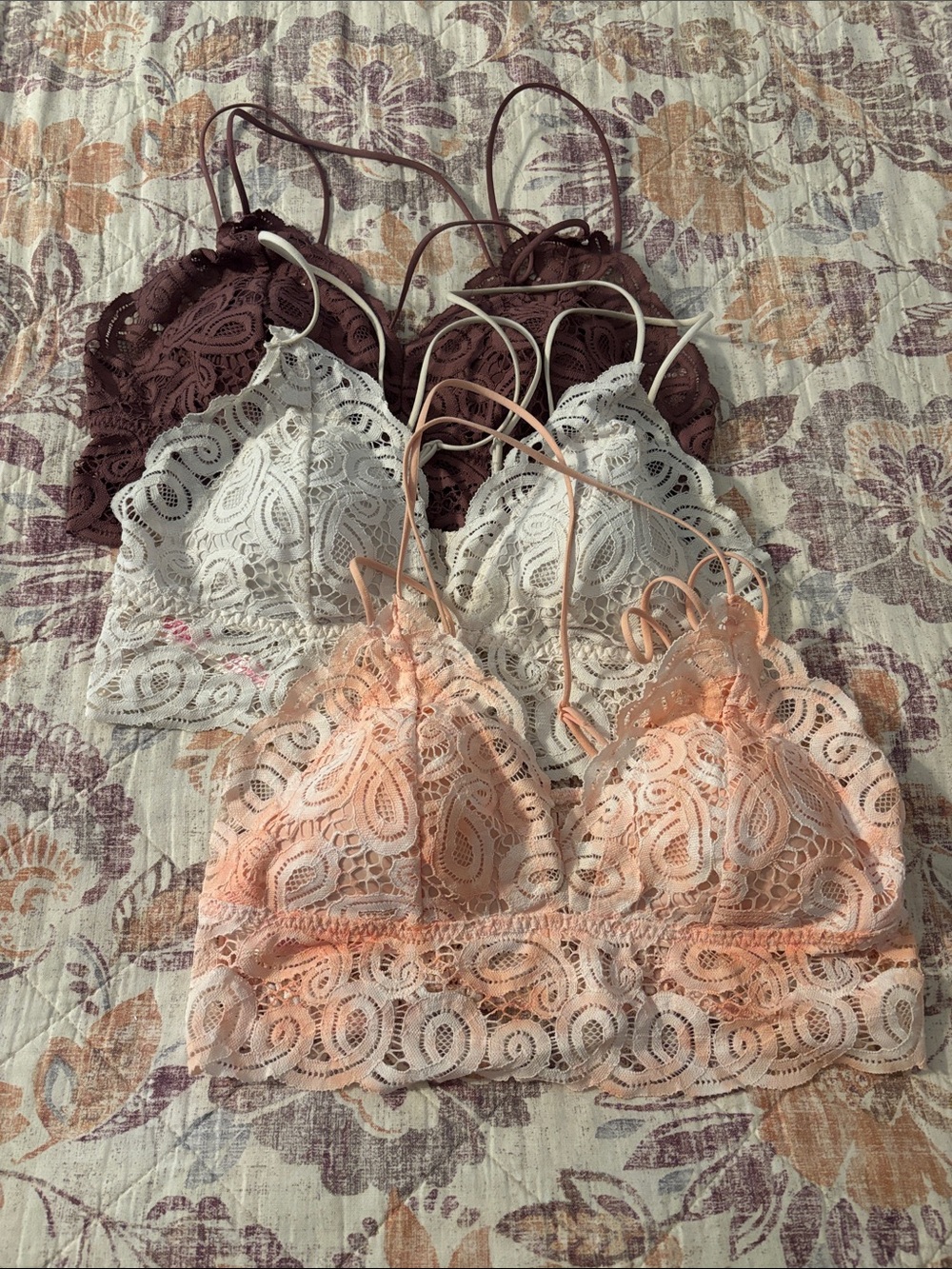 Lace Bralette Trio — Peach, White & Mauve